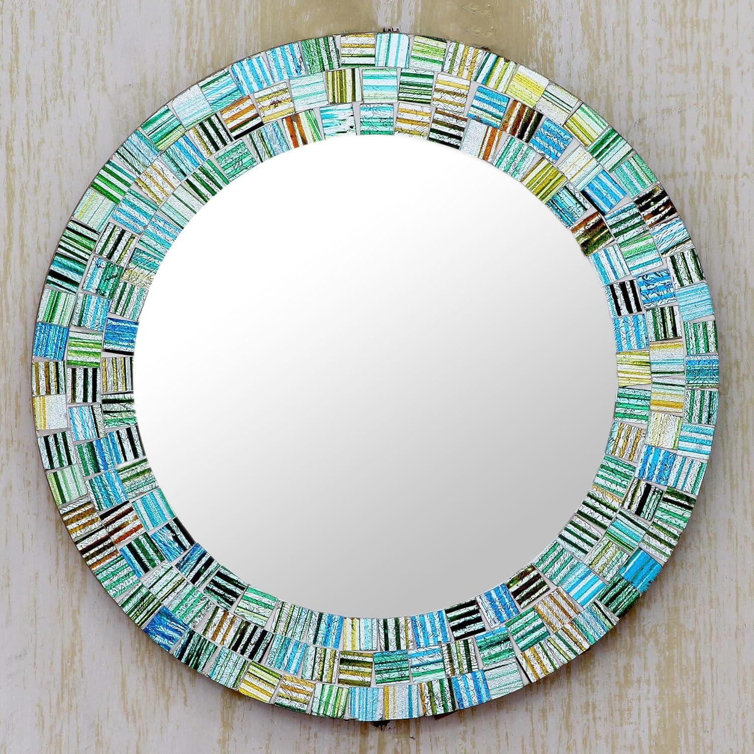 Aqua Trellis Round Wood Framed Mosaic Wall Mirror