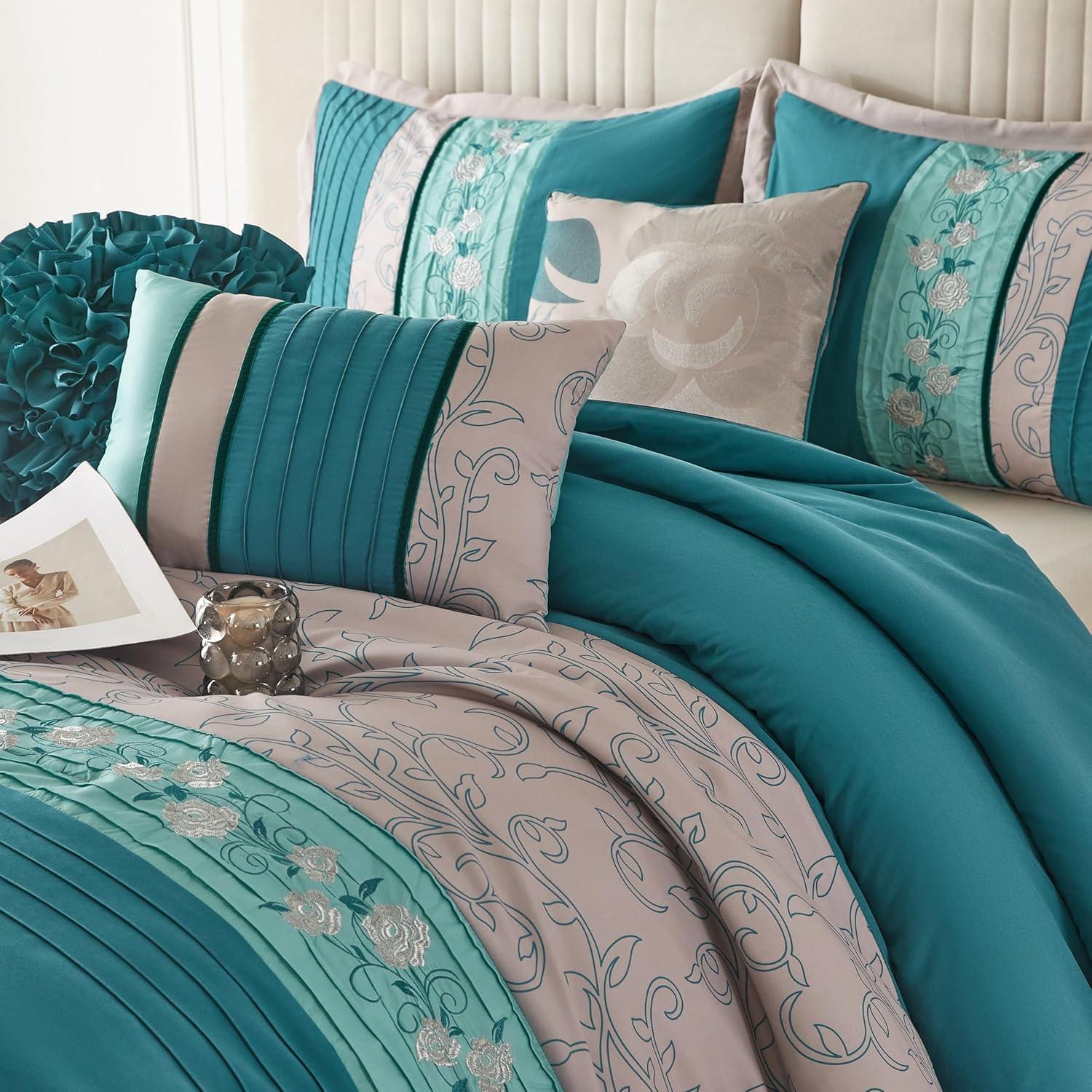Lanco Dolores 7-Piece California King Comforter Set, Teal, Floral Fill Material 100% Polyester, All Season Premium Bedding Set