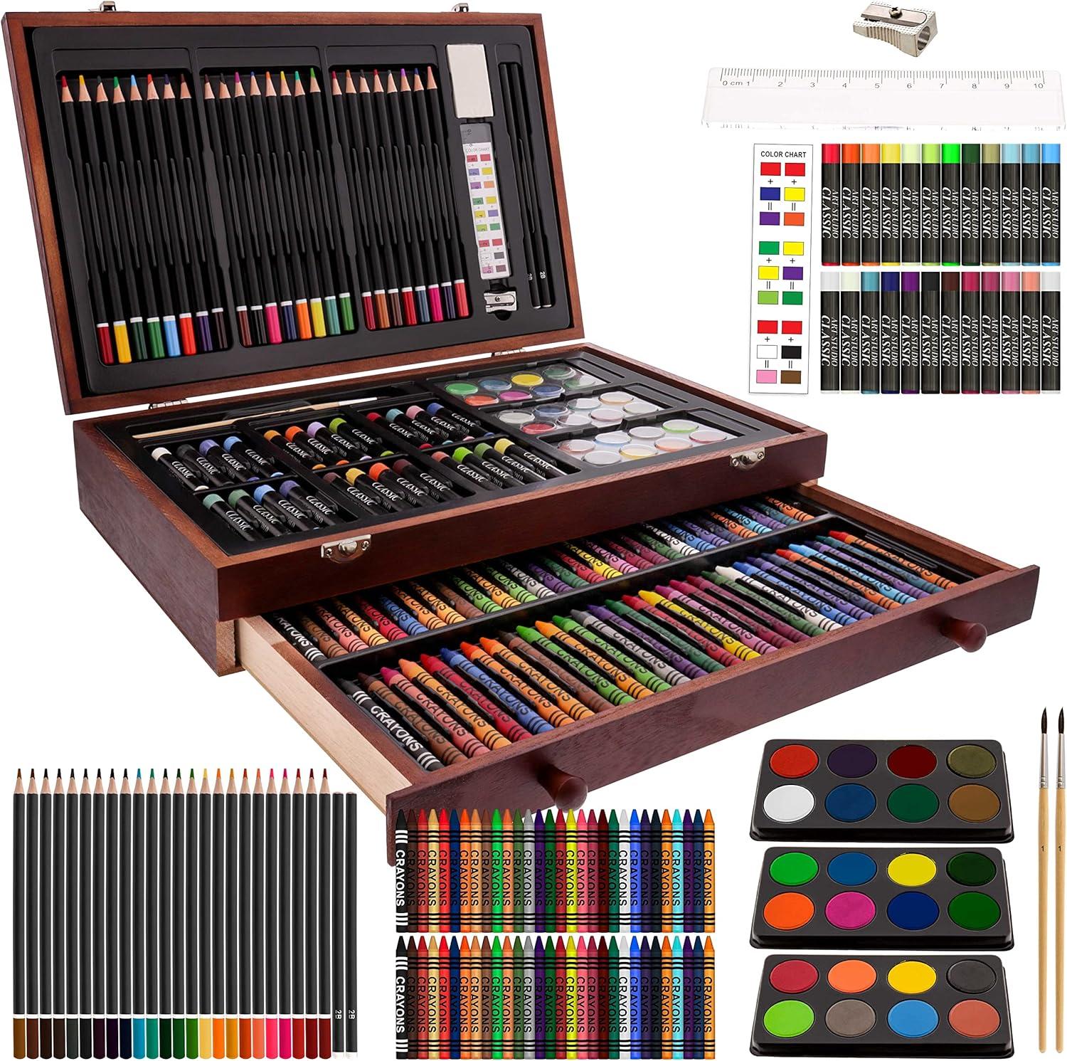 U.S. Art Supply 143-Piece Mega Wood Box Art Painting, Sketching and Drawing Set in Storage Case - 24 Watercolor Paint Colors, 24 Oil Pastels, 24 Colored Pencils, 60 Crayons, 2 Brushes, Artist Kit