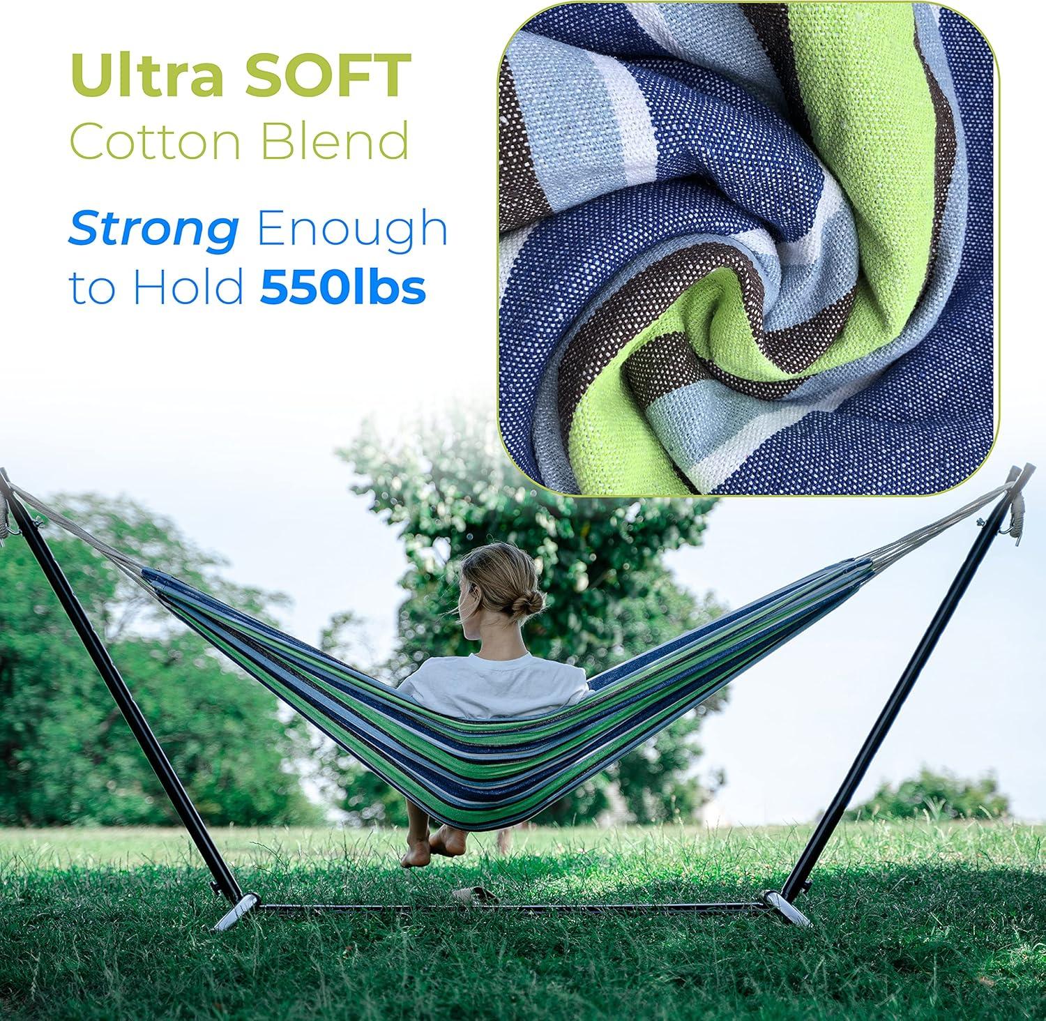 9 ft Blue and Green Cotton Double Hammock with Stand