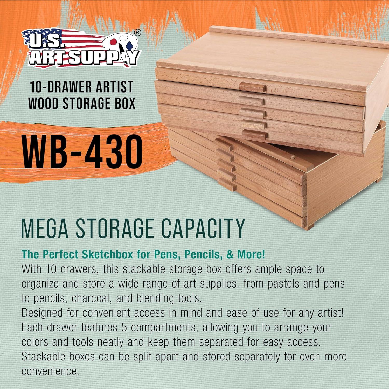 U.S. Art Supply Mega 10-Drawer Stackable Artist Wood Pastel, Pen, Marker Storage Box - Elm Hardwood Construction, 5 Compartments per Drawer - Ideal for Pastels, Pens, Pencils, Charcoal, Blending Tools