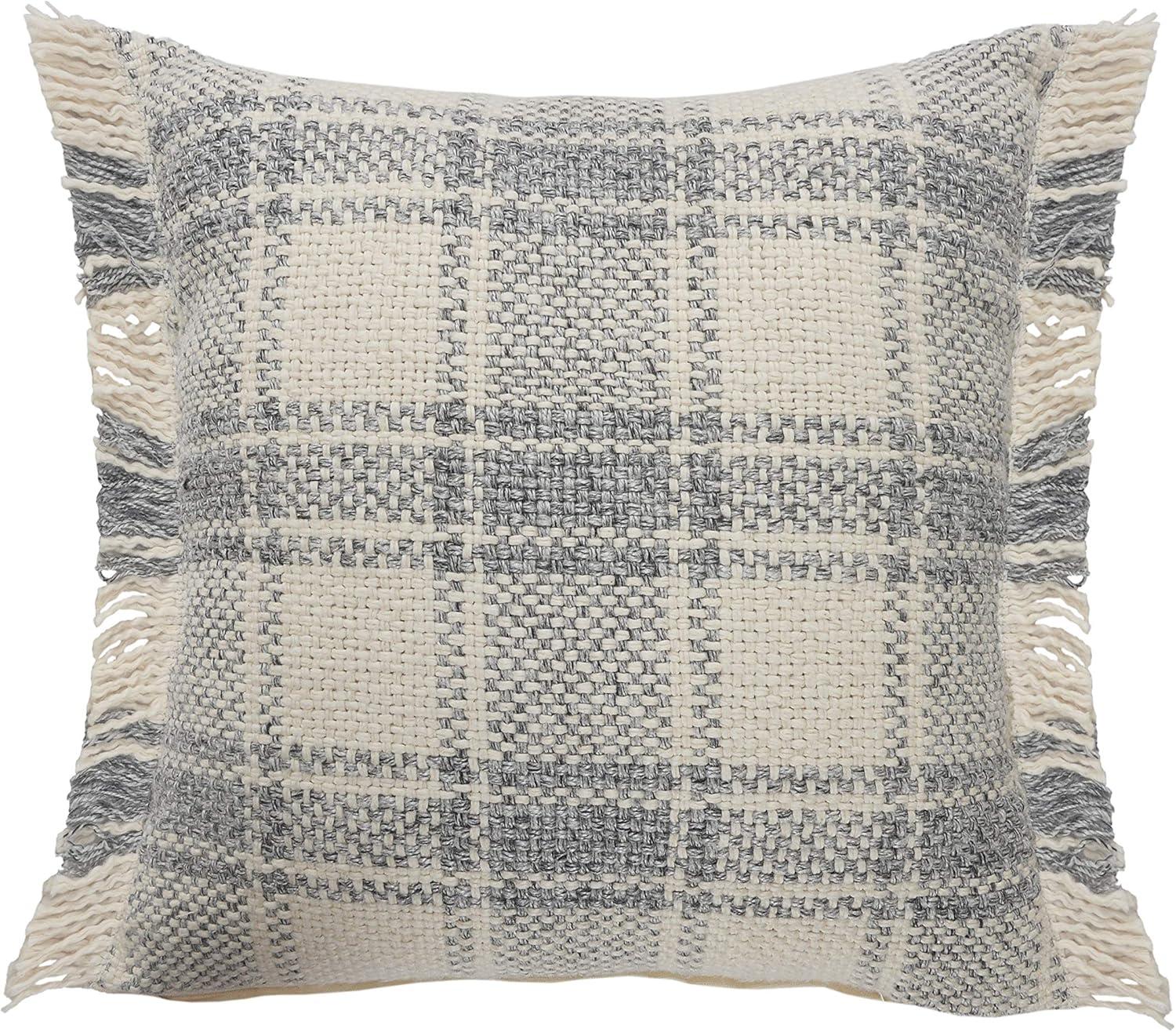 Charles 20" Gray Plaid Cotton Fringed Throw Pillow