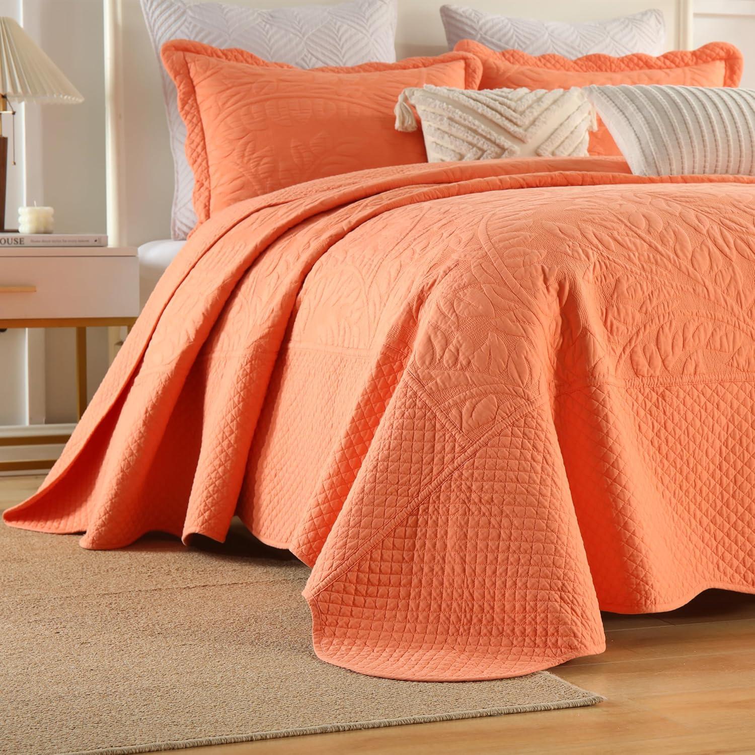 Salmon Cotton Embroidered Queen Size Quilt Bedspread Set