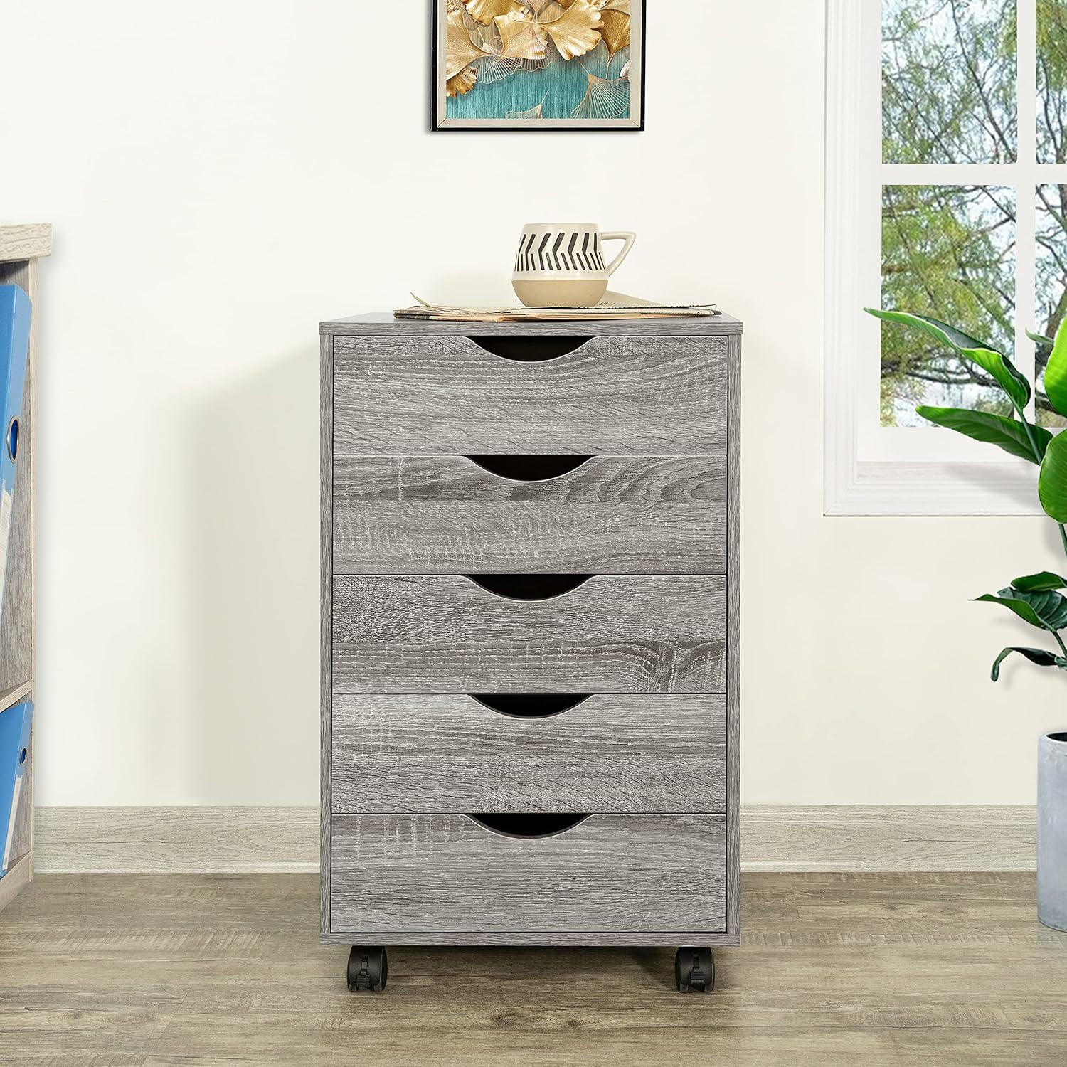 Grey Oak 5-Drawer Office Storage Cabinet with Casters