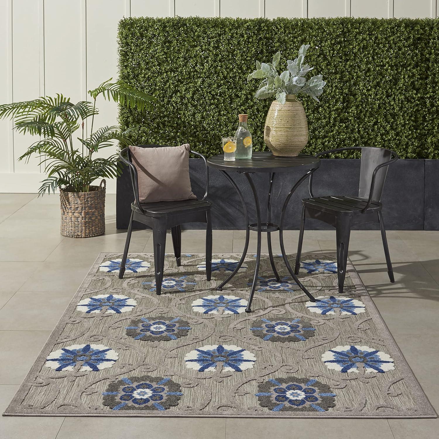 Nourison Aloha Contemporary Floral Flatweave High-Low Indoor Outdoor Area Rug Grey/Blue 3'6" x 5'6"