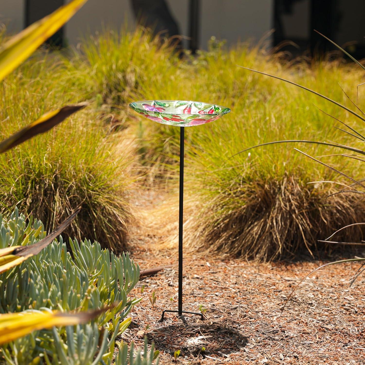 Alpine Glass Stake Bird Bath with Flowers and Hummingbird | Wayfair