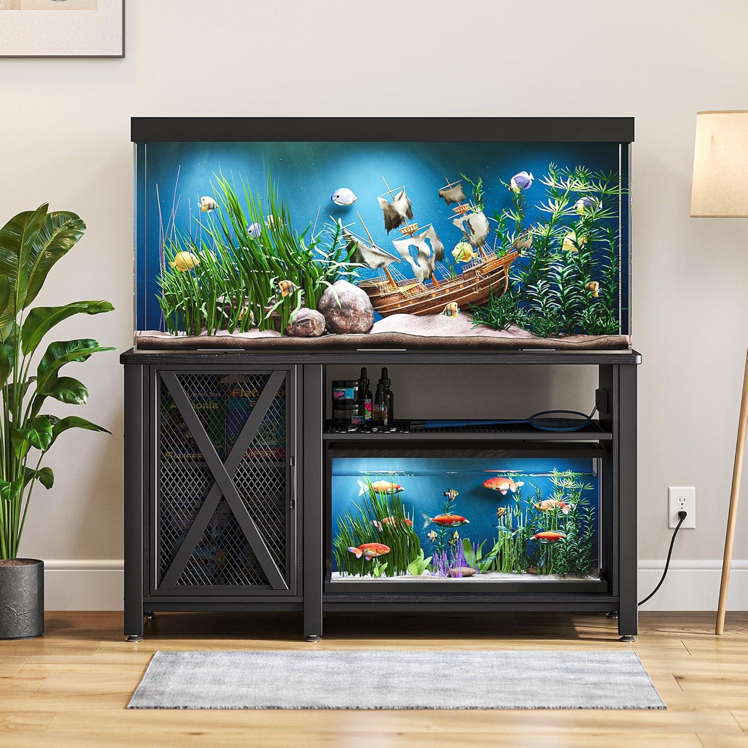 Black Heavy Duty Metal Aquarium Stand with Cabinet and Power Outlets