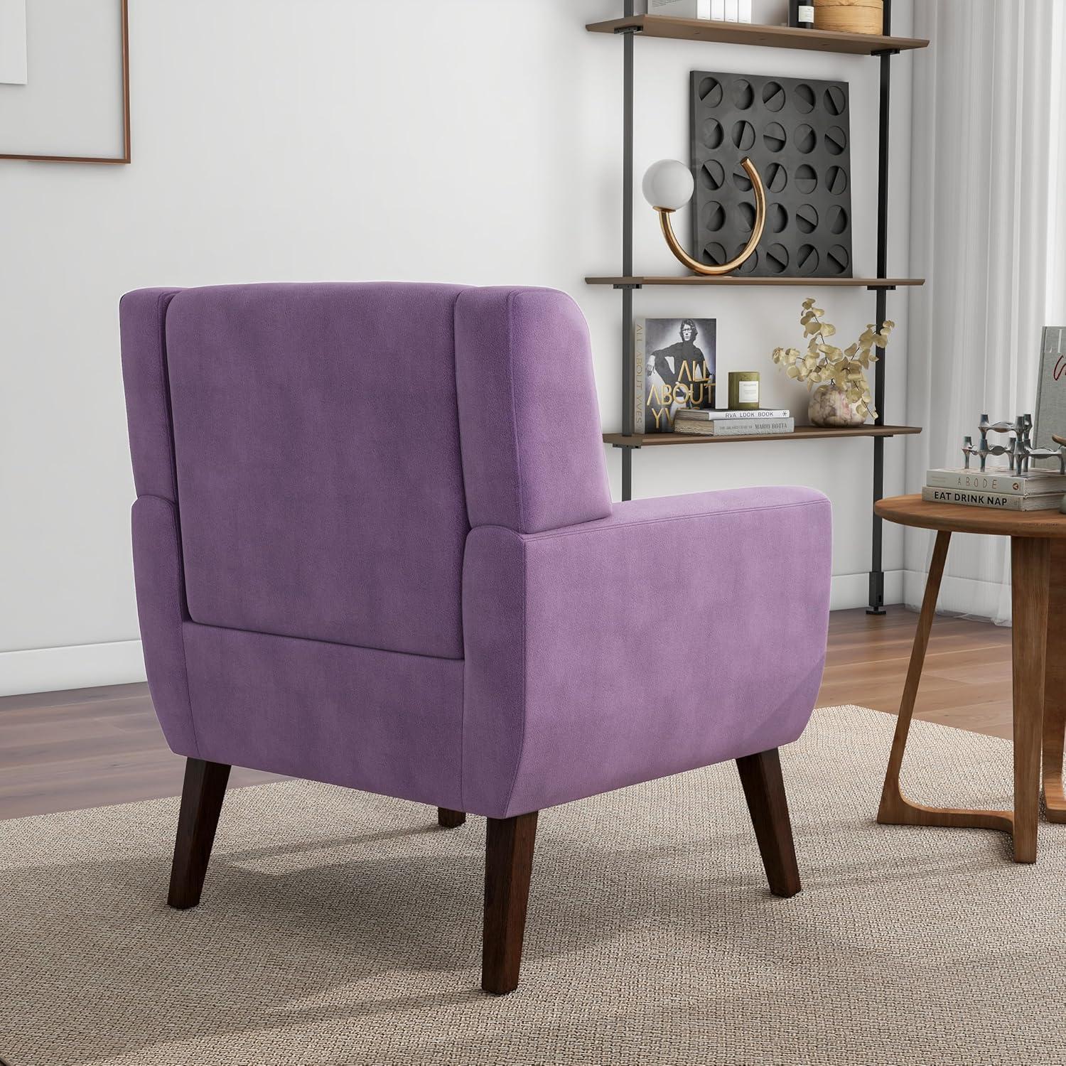 Mid-Century Modern Purple Velvet Accent Chair with Wood Legs