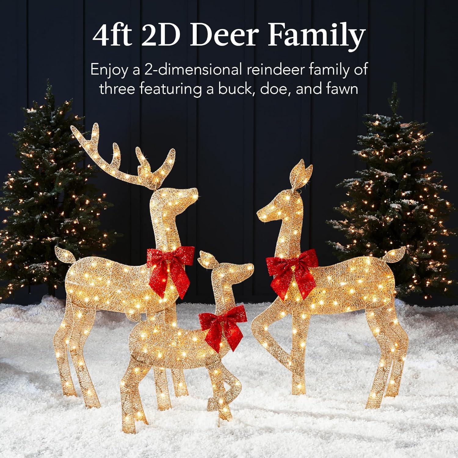 Best Choice Products 4ft 3-Piece Lighted 2D Christmas Deer Set Outdoor Yard Decoration w/ 175 LED Lights, Stakes