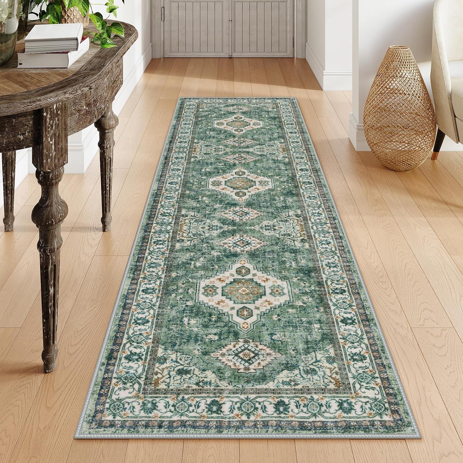 CAROMIO 2' x 6' Runner for Hallway Boho Vintage Rug Non Slip Throw Rugs Floral Bedroom Rug, Green