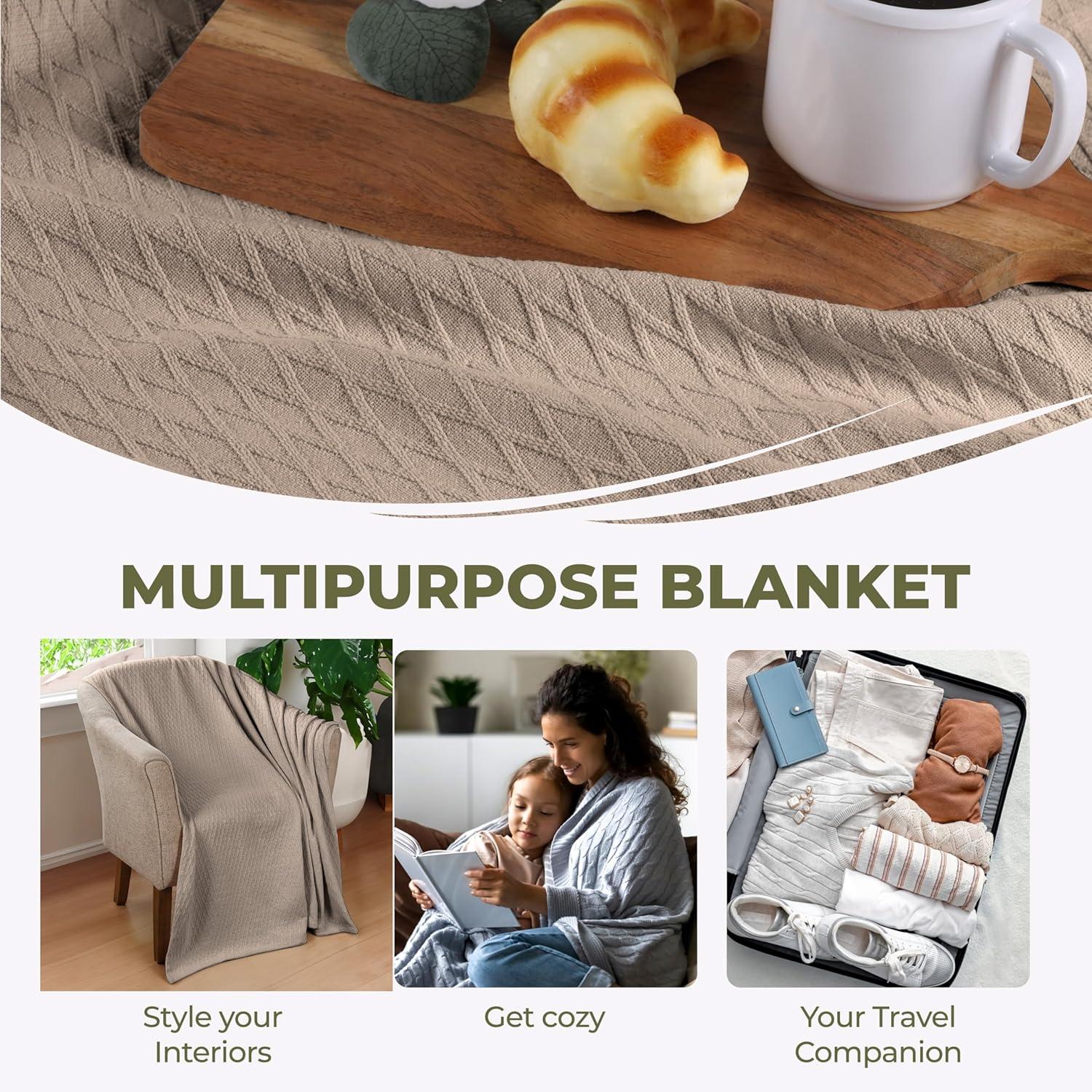 Superior Dobbyweave Knit Cotton Blanket, All Season Breathable Bed Blanket Throw Size, Khaki