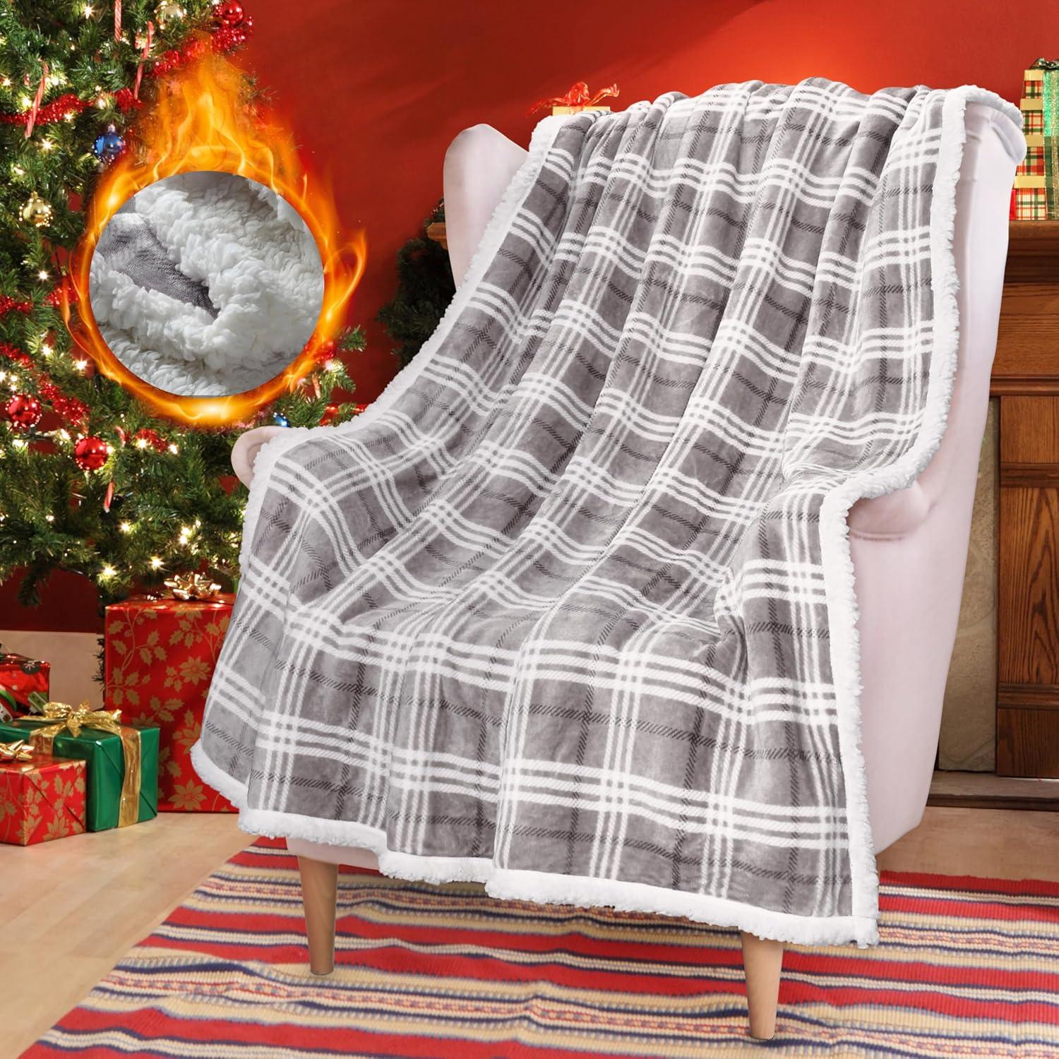 Catalonia Plaid Sherpa Throw Blanket, Holiday Throws for Couch Sofa Cabin Decro, Christmas Blanket