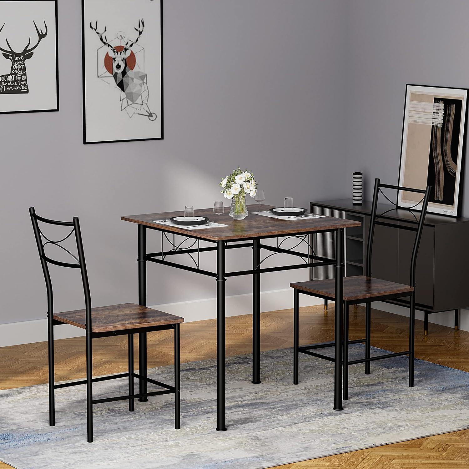 Rustic Brown Square MDF and Metal Dining Table Set with 2 Chairs