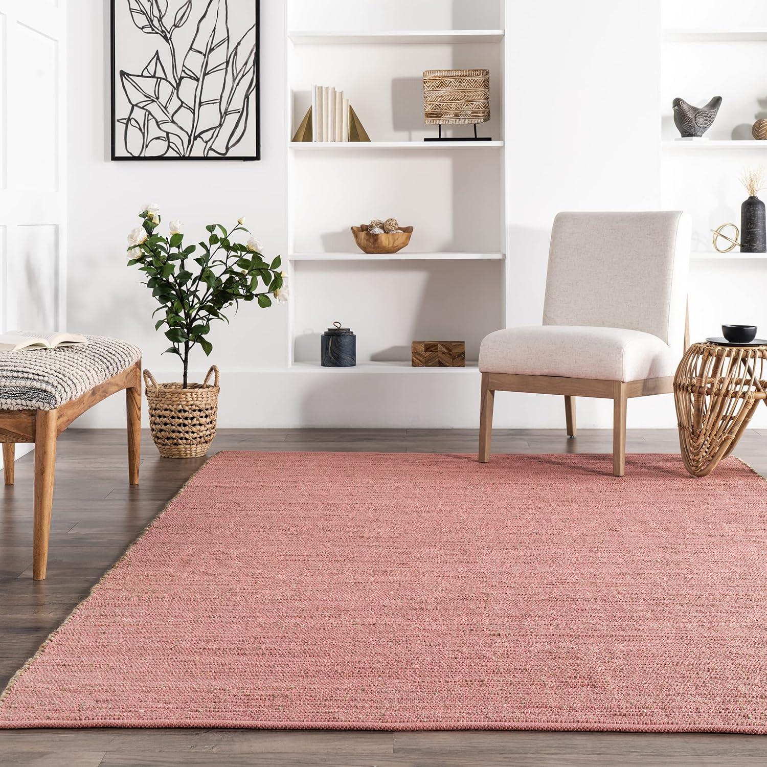 Nuloom 4x6 Elfriede Jute & Cotton Hand Woven Indoor Area Rug, Pink, Solid Rustic Farmhouse Style Natural Fiber Bedroom, Living Room,