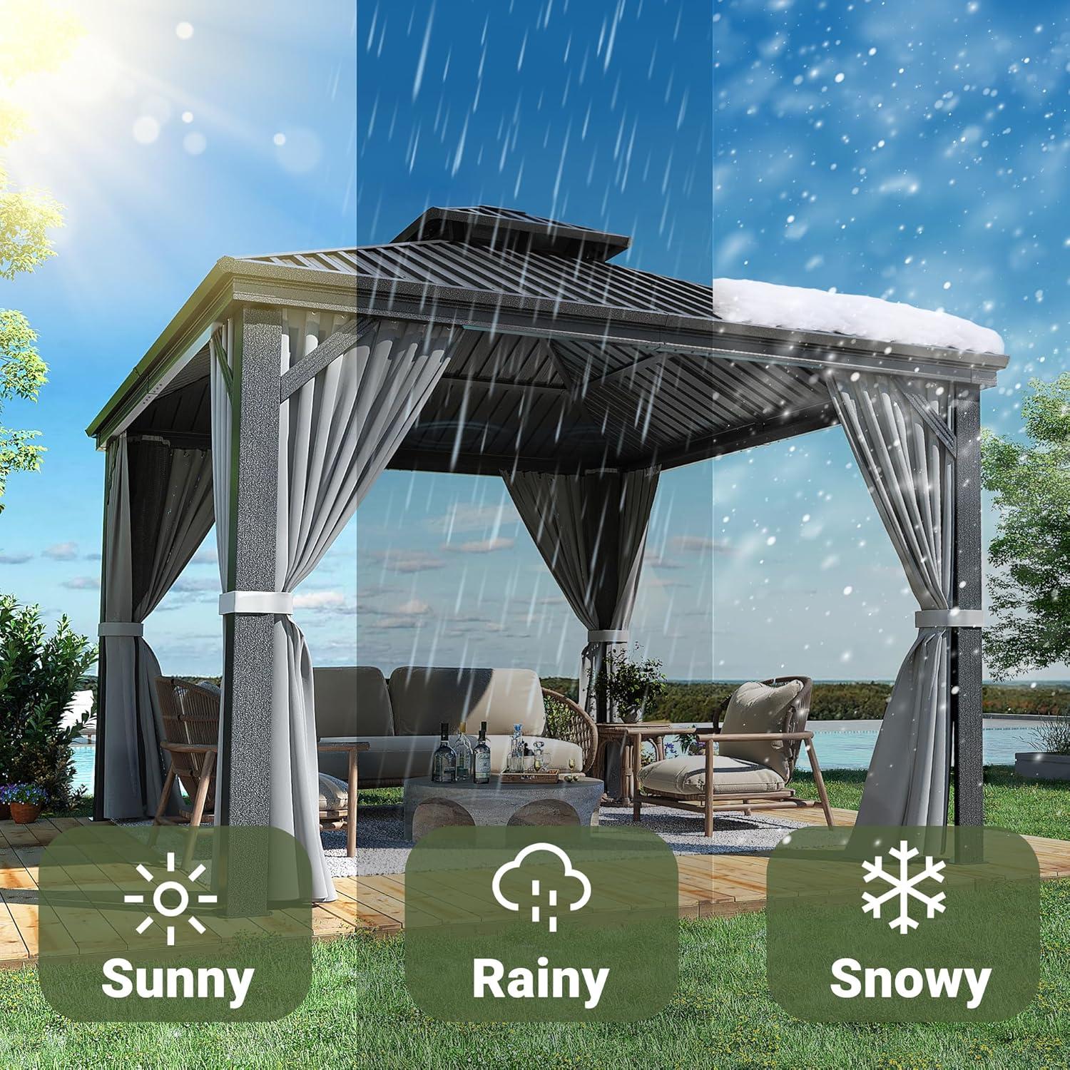 Ulax Furniture 10Ft x 12Ft Patio Hardtop Gazebo Outdoor Aluminum Pergola with Galvanized Steel Double Roof Canopy, Polyester Curtain and Mosquito Net, 10, Brown