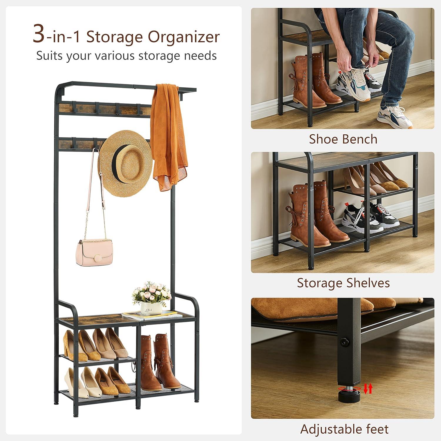 Tajsoon Coat Rack, Hall Tree with Shoe Bench for Entryway, 3-in-1 Shoe Rack Different Heights, Entryway Bench with Coat Rack, Metal, Rustic Brown and Black