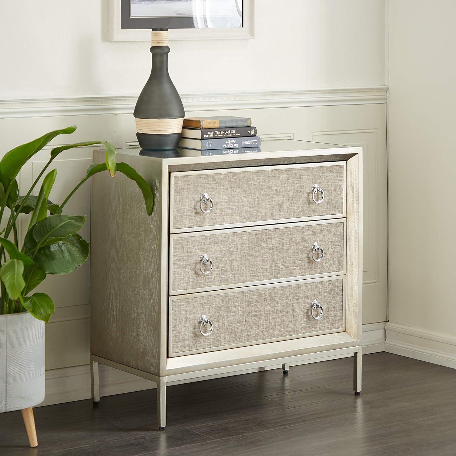 Imboden Wooden Upholstered Front Panel 3 Drawer Room Chest with Mirrored Top and Ring Handles