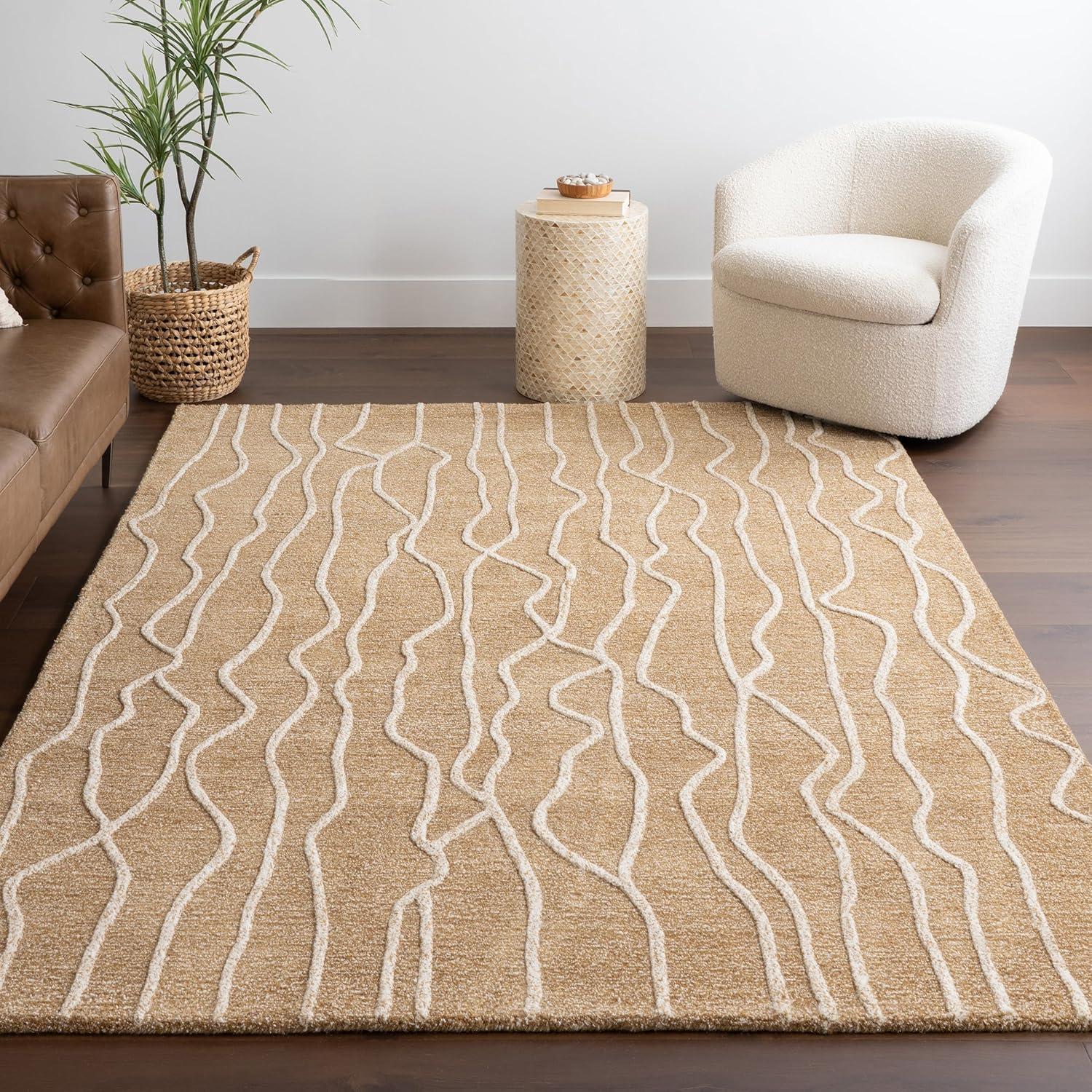 Beige Abstract Hand-Tufted Wool 5' x 8' Area Rug