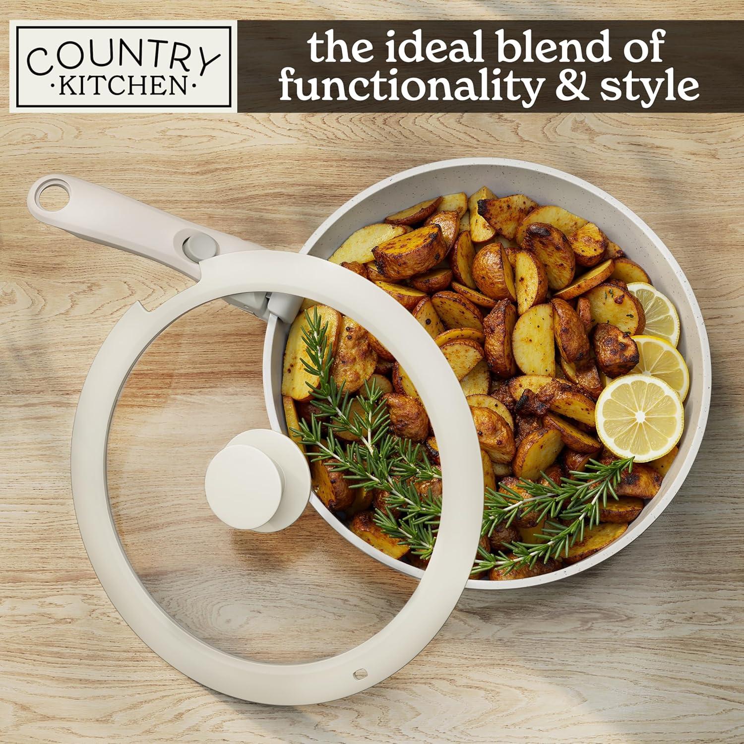 Country Kitchen 13-Pc Pots and Pans Set with Removable Handles Nonstick Cookware Set, Cream