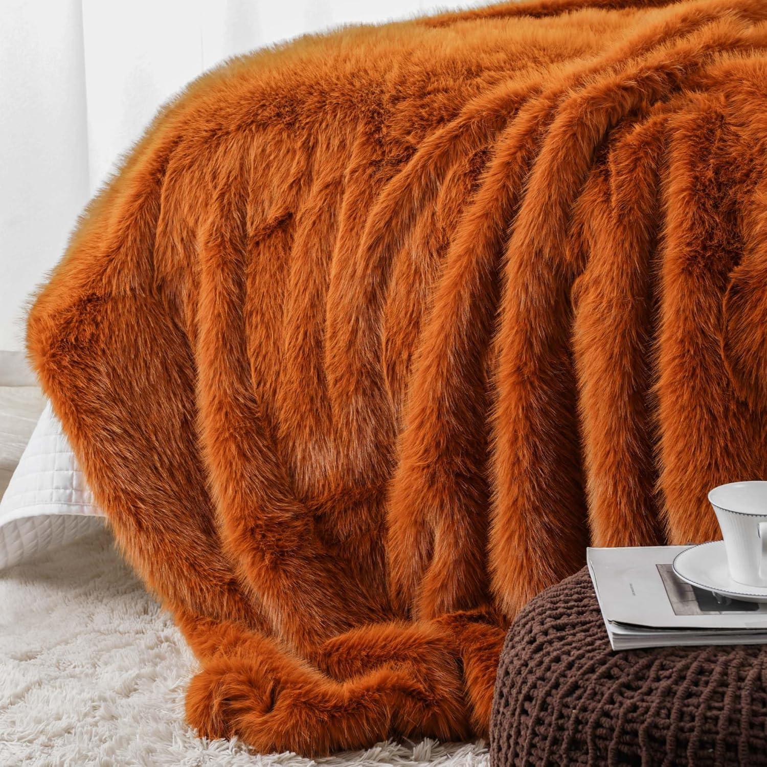 Orange Faux Fur and Velvet Throw Blanket, 50"x60"