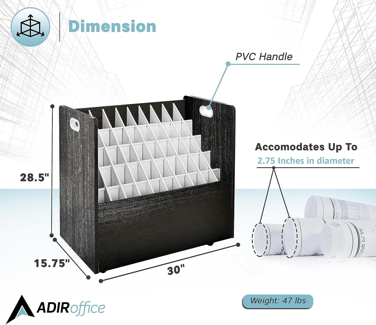 Black Particle Board Mobile Roll File with 50 Compartments