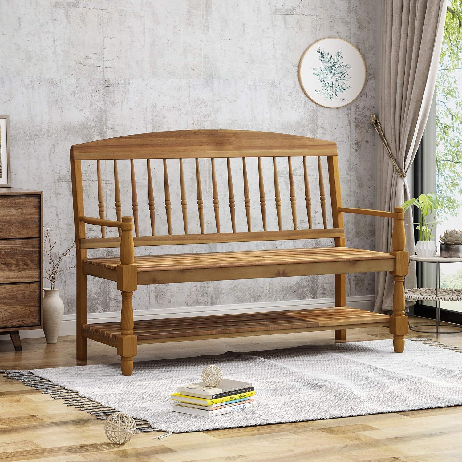 Eddie Teak Finish Farmhouse Acacia Wood Bench with Shelf