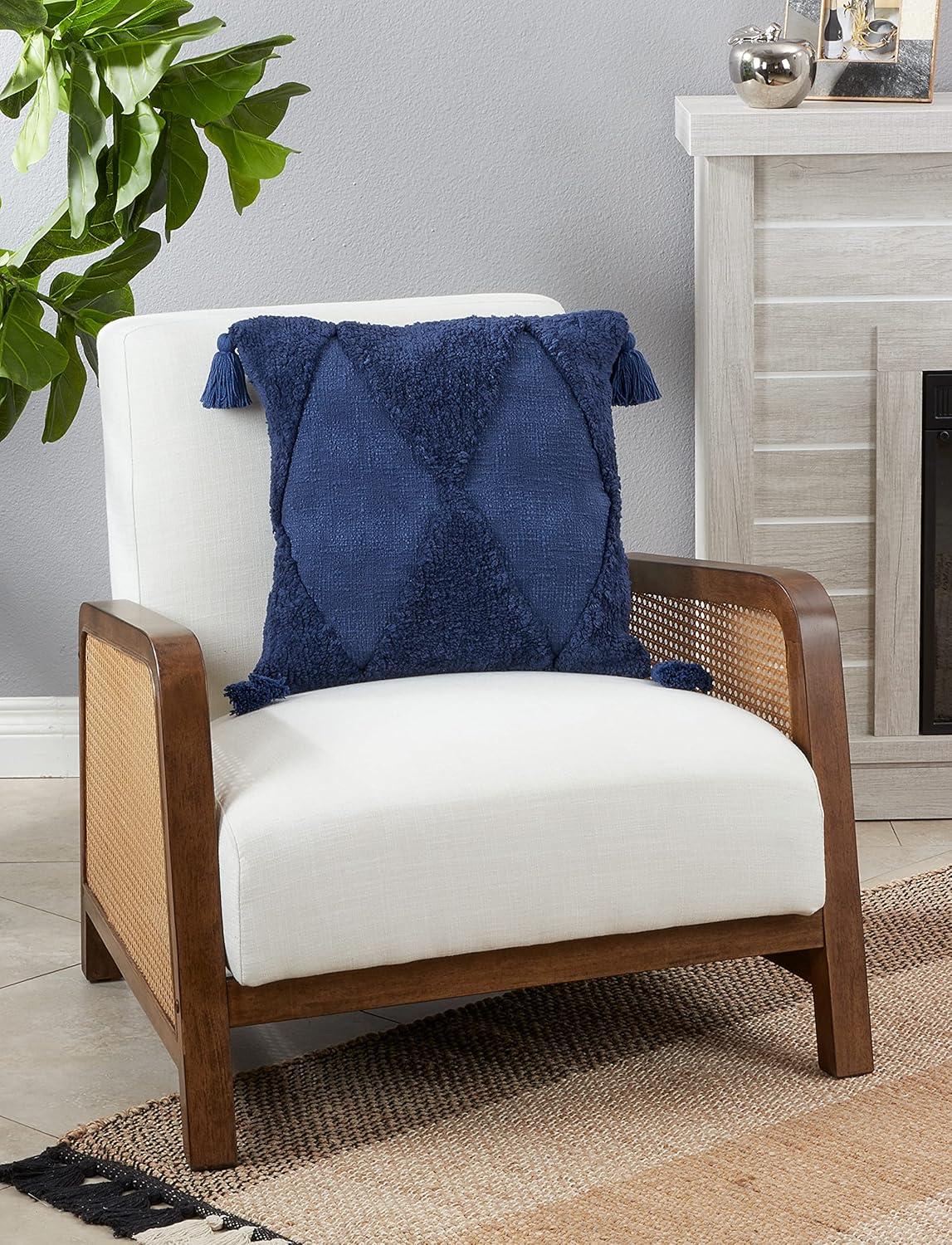 Navy Blue Cotton Tufted Diamond Tassel Pillow Cover