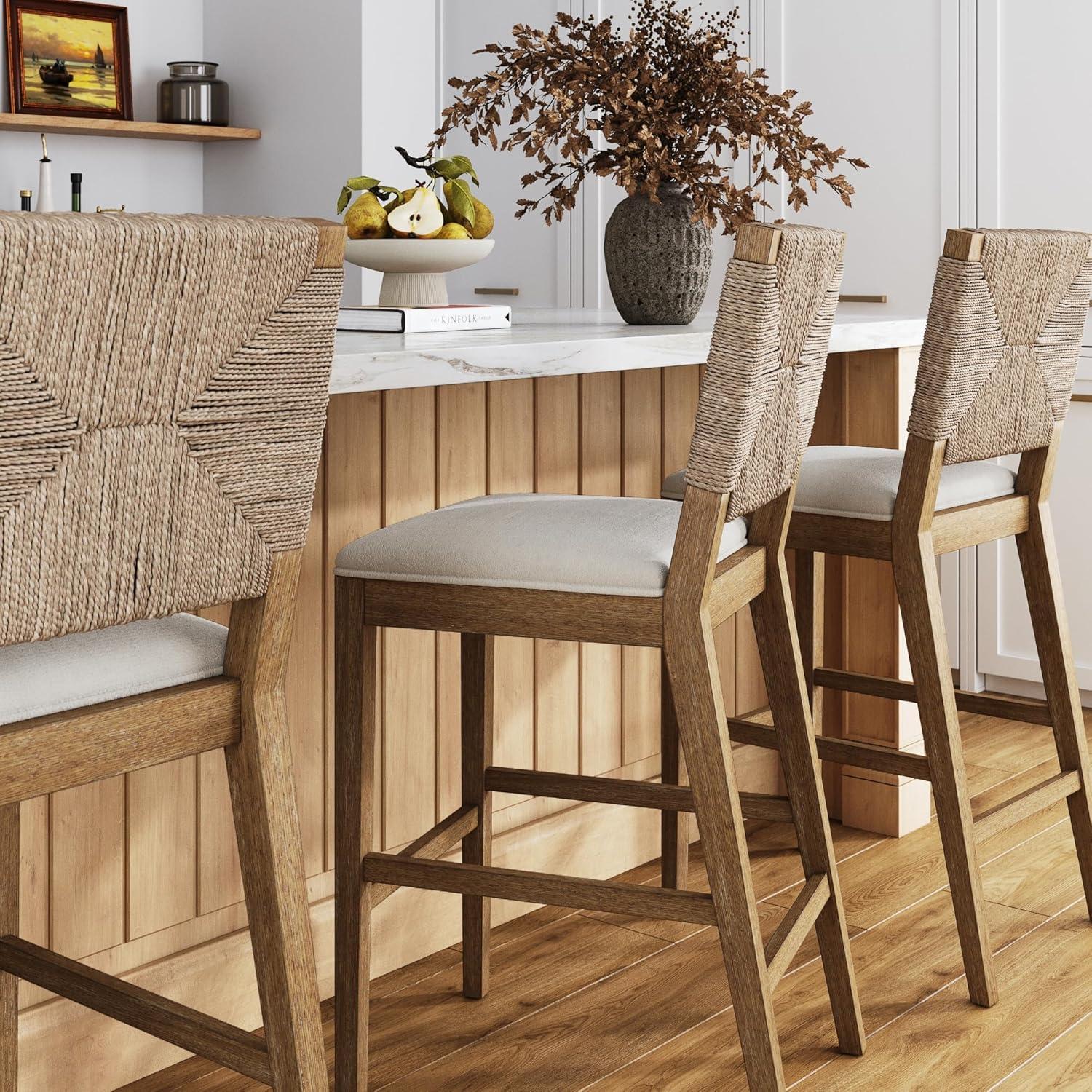 Cream Boucle and Seagrass Bar Stools with Light Brown Wood Frame, Set of 3