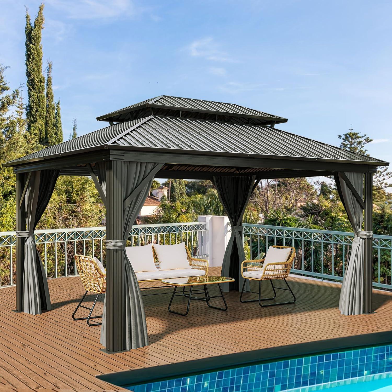 Kozyard Kozyard Alexander Gray Double Roof Hardtop Gazebo with Privacy Curtain Mosquito Netting