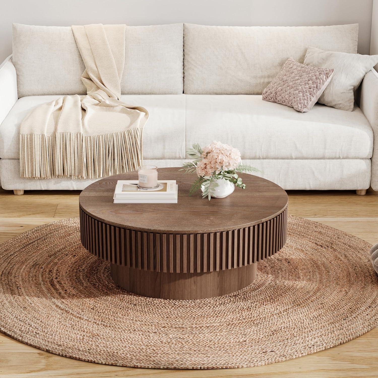 31.5" Round Wood Coffee Table with Storage - Modern Drum Circle Fluted Side Table for Apartment, Office - Easy Assembly, Walnut
