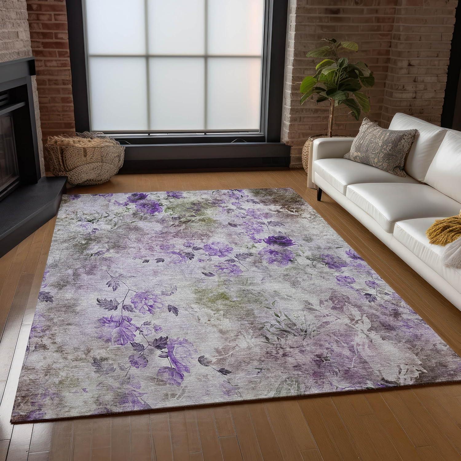 Purple Floral Synthetic 5' x 7' Washable Reversible Rug