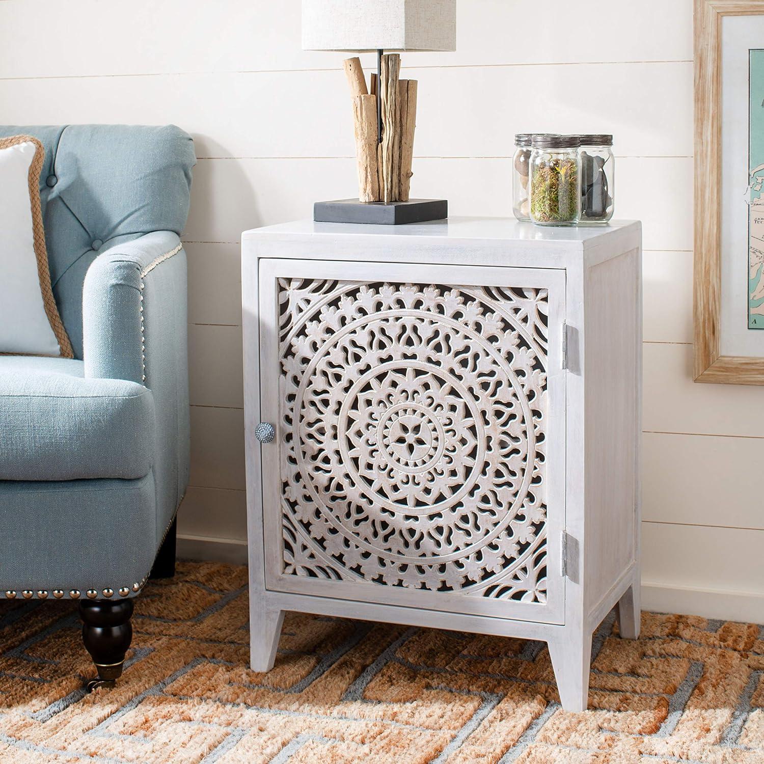 Thea White Washed Carved Wood 1-Door Nightstand