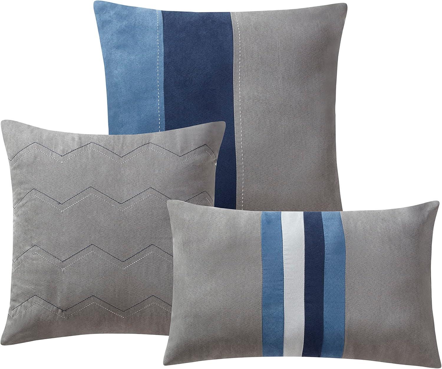 Queen Comforter Set Ultra Soft Faux Suede Fashion Bedding Sets with Shams, Throw Pillows, and Bed Skirt, Queen, Denim