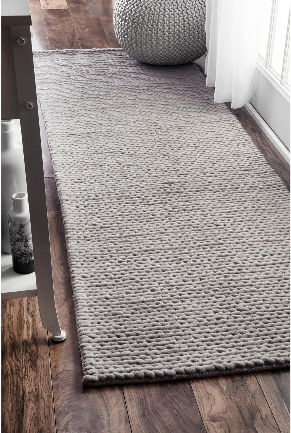 Light Grey Hand-Tufted Wool Braided Area Rug