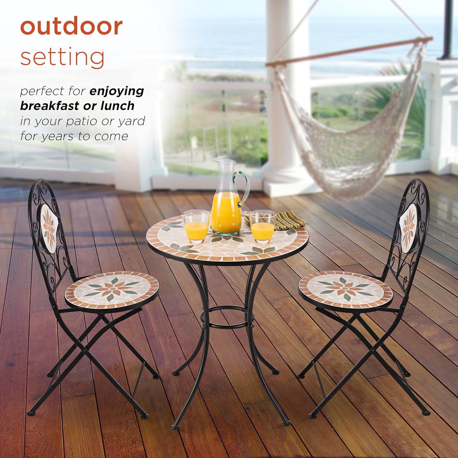 Alpine Corporation 3-Piece Iron Mosaic Tile Patio Bistro Set, Light Brown