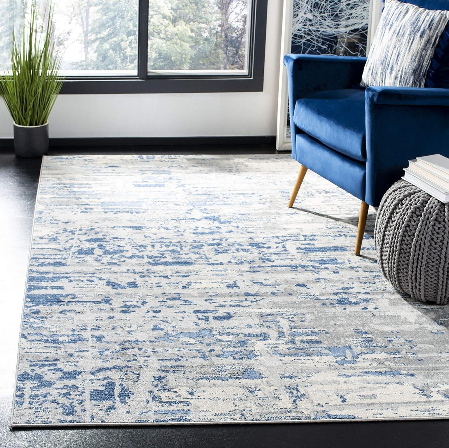 Modern Abstract Ivory & Blue Square Hand-Knotted Rug - 3' x 3'