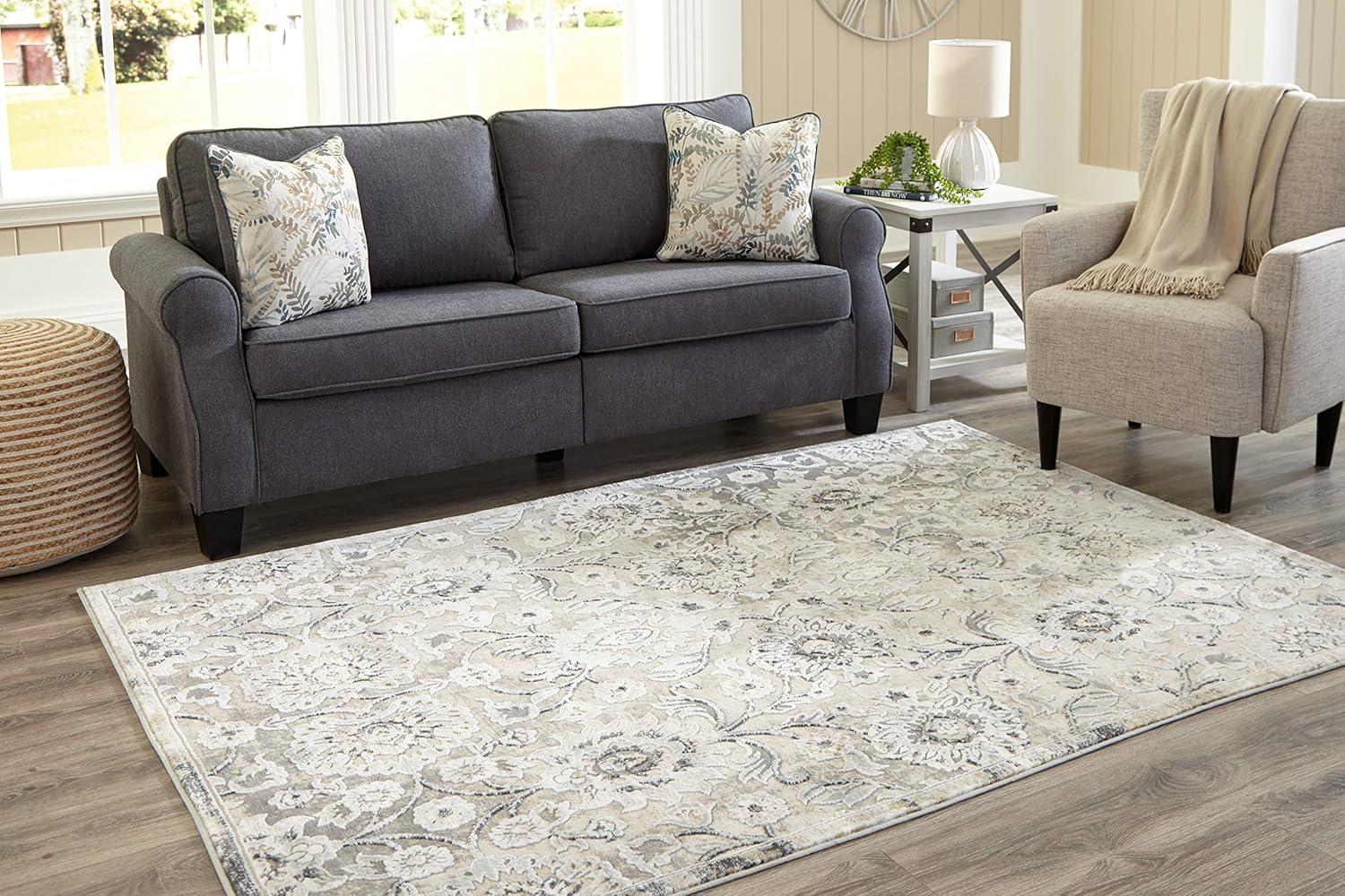 Gray and Beige Botanical 5' x 7' Stain-Resistant Rug