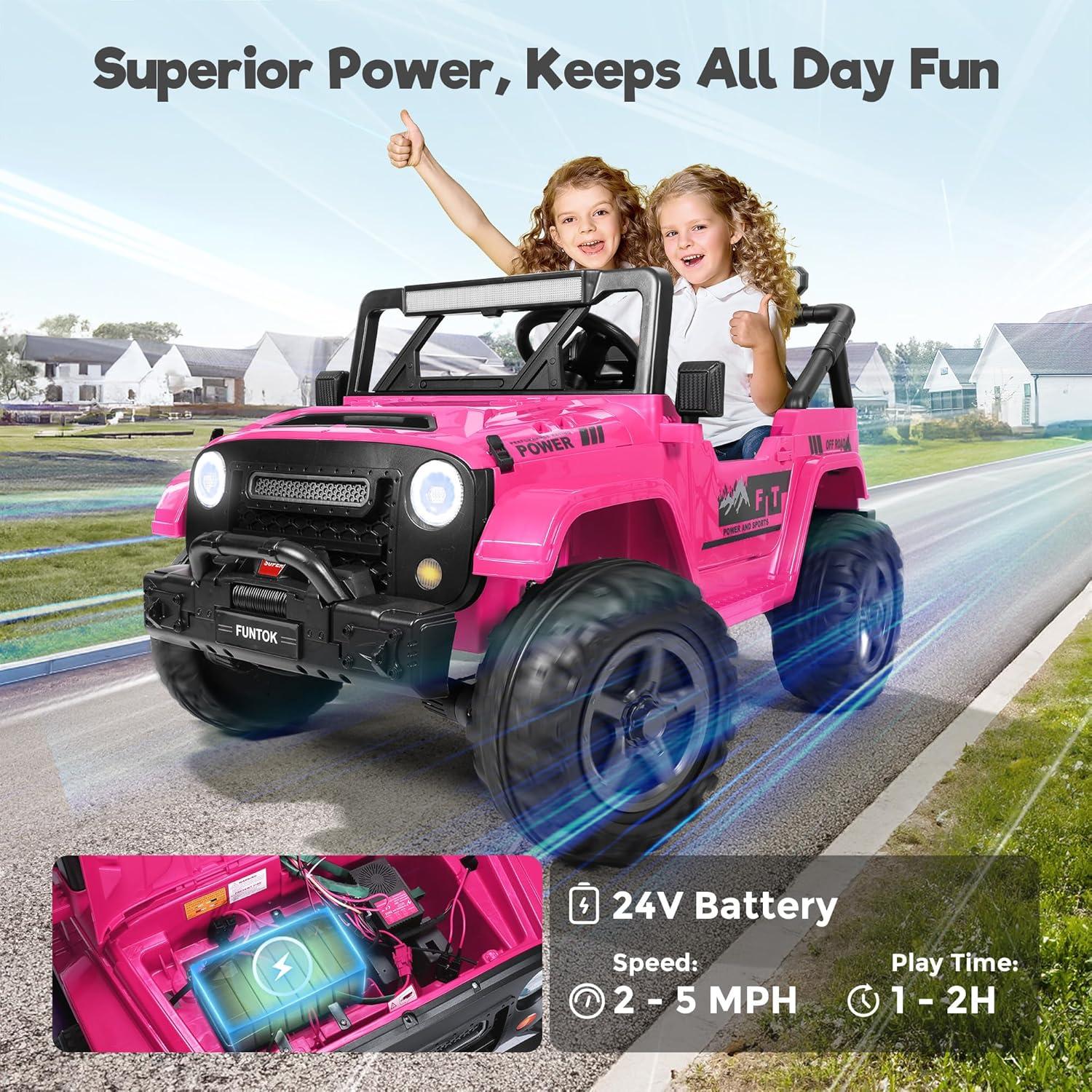 FUNTOK 24 Volt 2 Seater Kids Ride on Truck w/ 20 " Large Seat, 4 x 200W Motor Electric Vehicle Car, 4WD/2WD Switchable Battery Powered Ride on Toy, 3 Speeds with Remote Control & LED Lights, Pink