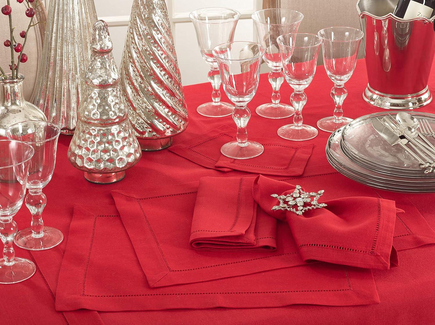 12pk 22"x22" Hemstitched Design Border Dinner Napkins Red - Saro Lifestyle: Polyester, Machine Washable, Plain Weave