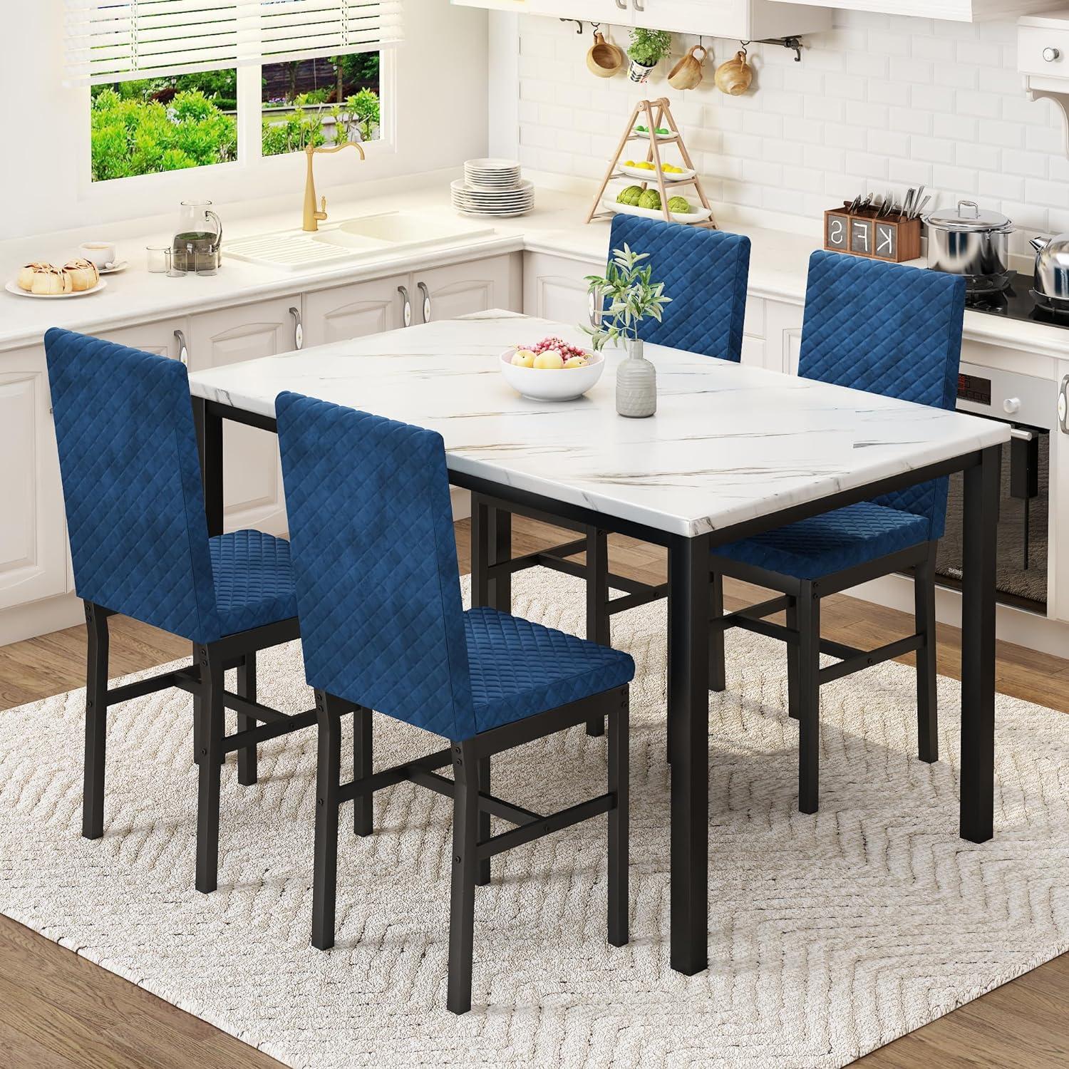 Lamerge Dining Table Set for 4, Kitchen Table and Chairs Set of 4, Faux Marble Dining Room Table Set with 4 Upholstered Velvet Chairs for Home Kitchen, White & Blue