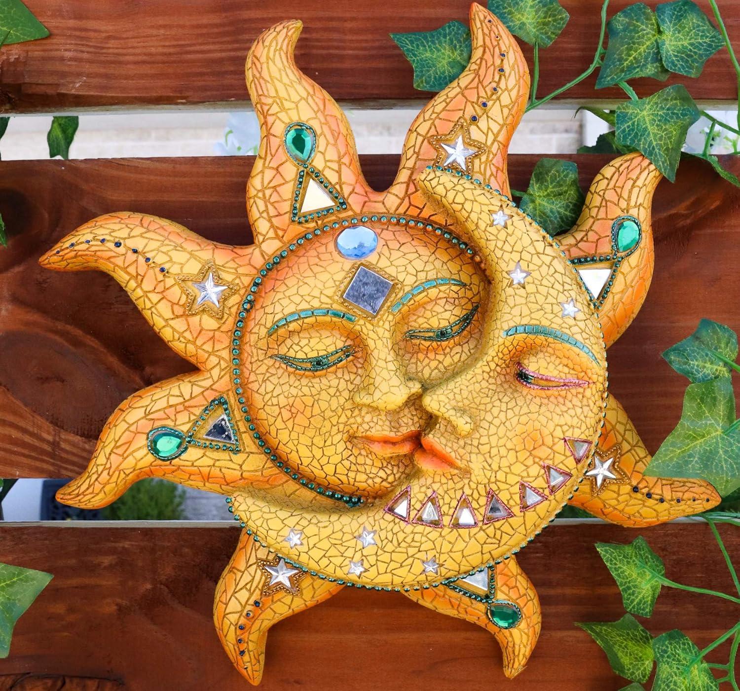 Ebros Cara de Mosaico Naranja Sol con Luna de Mosaico Amarillo, Decoración de Placa de Pared de 13"H