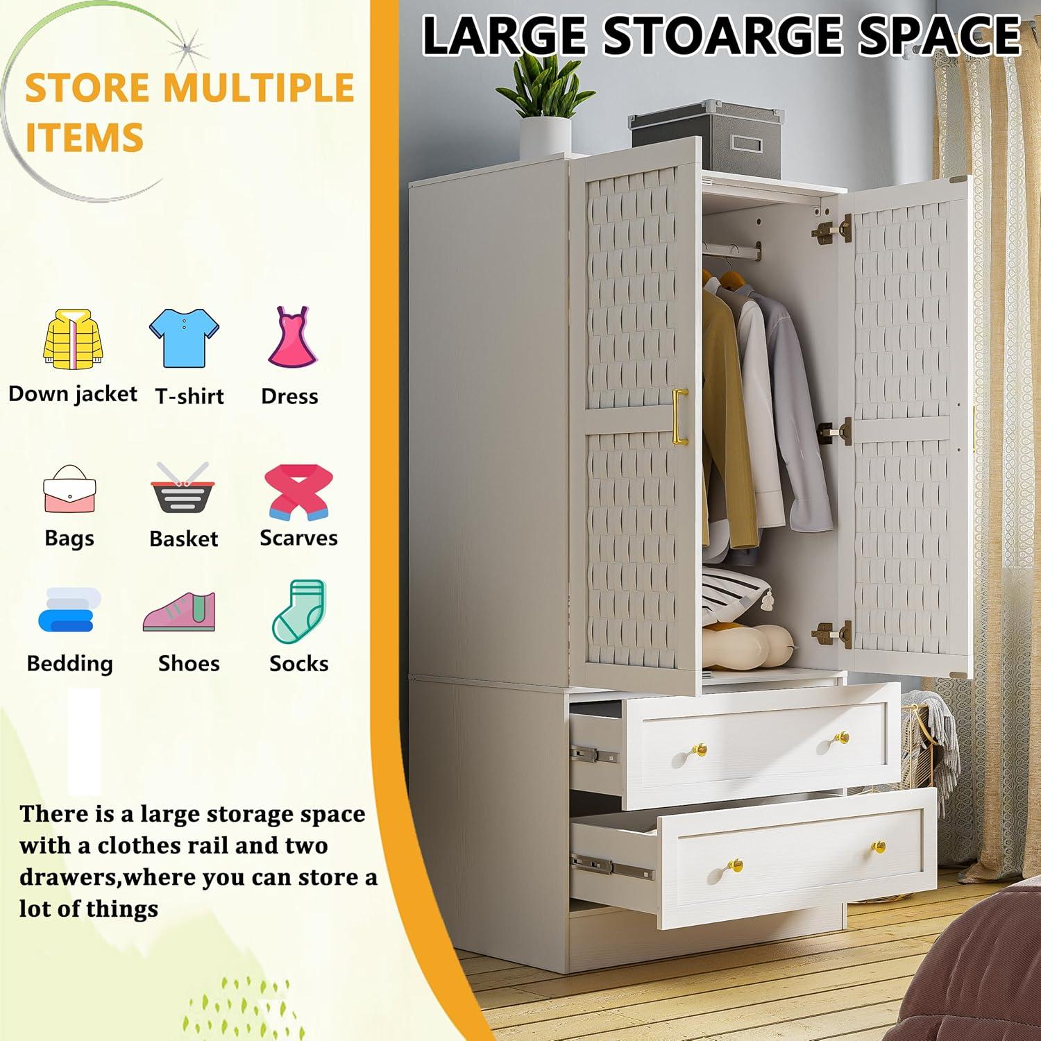 Everly Quinn Freestanding Armoire Wardrobe Closet with 2 Woven Doors