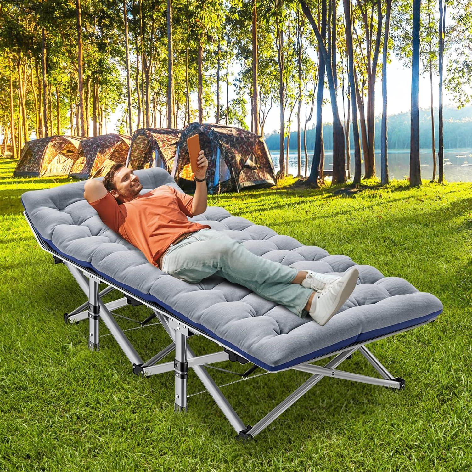 Oversized Gray Foldable Camping Cot with Mattress and Carrying Bag