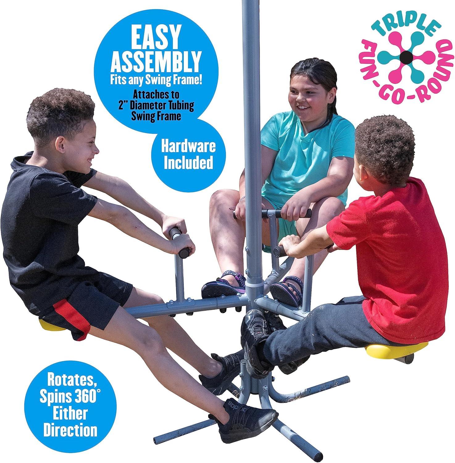 XDP Recreation Triple Fun Go Round 360 Degree Outdoor Spinning and Twirling Kids Playground or Backyard Ride for Up To 3 Children