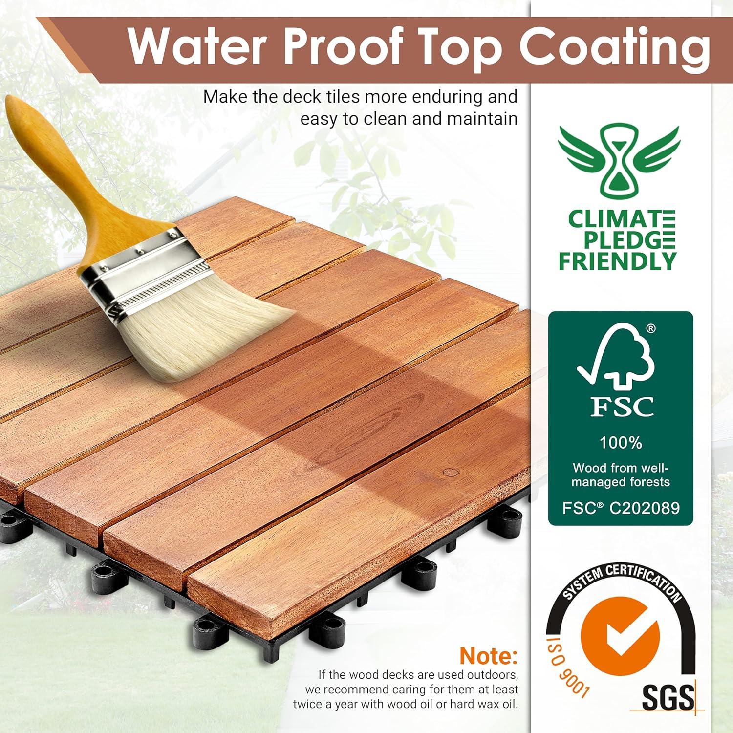 Natural Acacia Wood Interlocking Deck Tiles with Water Protection, 27 Pack