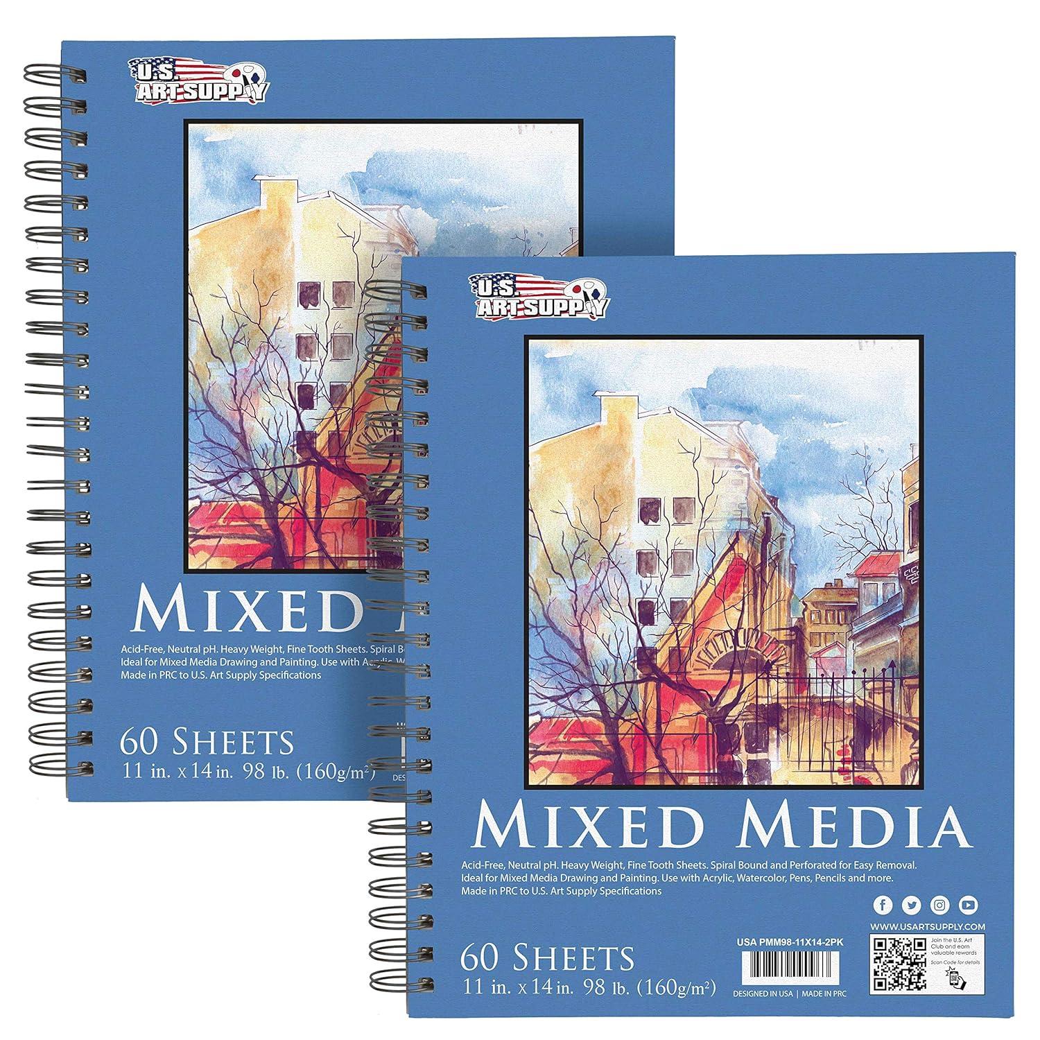 11" x 14" Mixed Media Paper Pad Sketchbook, 2 Pack, 60 Sheets, 98 lb (160 gsm) - Spiral-Bound, Perforated, Acid-Free - Artist Sketching, Drawing, Painting Watercolor, Acrylic,