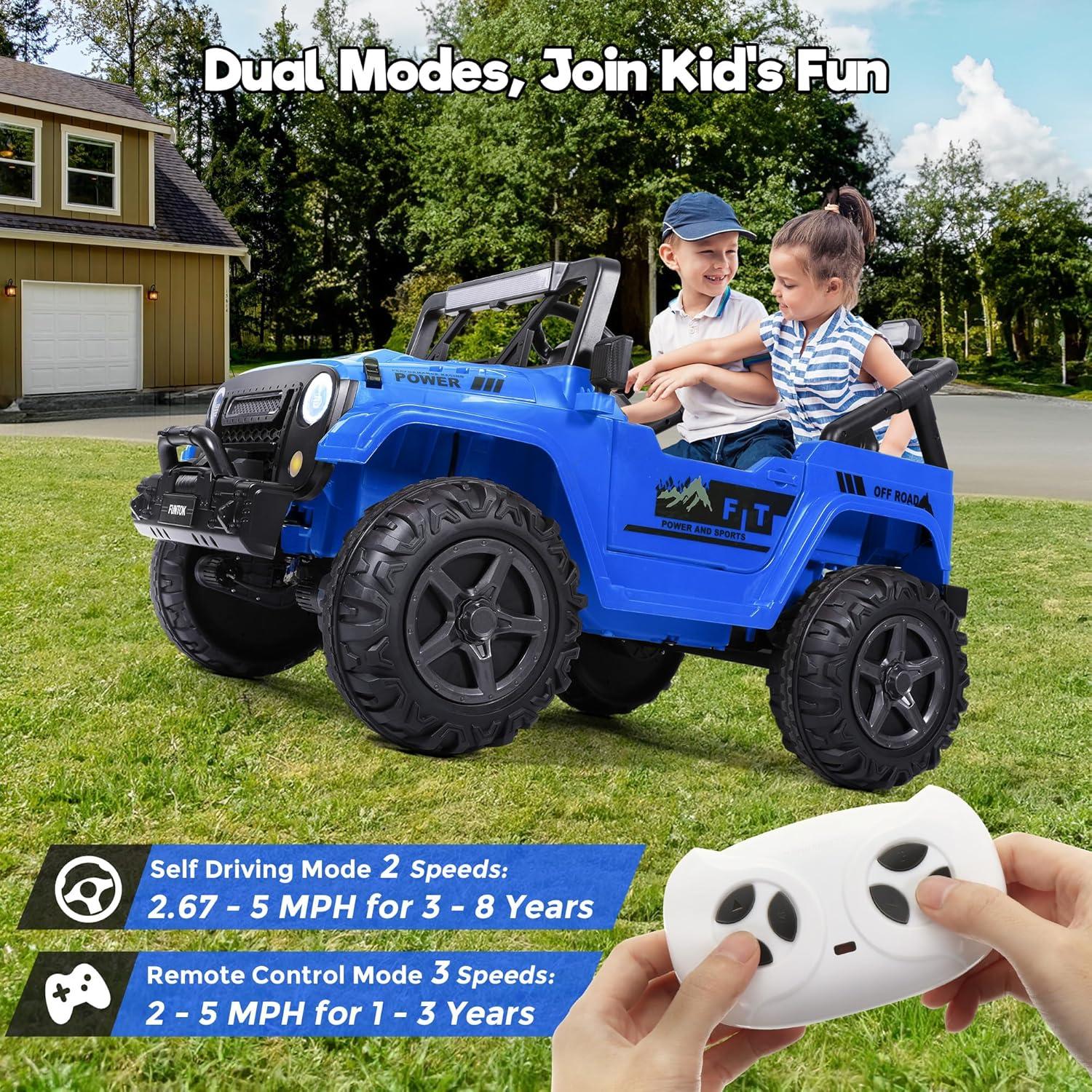 FUNTOK 24V 2 Seater Kids Ride on Truck w/ 20 " Large Seat,4 x 200W Motor Electric Vehicle Car,4WD/2WD Switchable Battery Powered Ride on Toy,3 Speeds with Remote Control & LED Lights,Light Blue