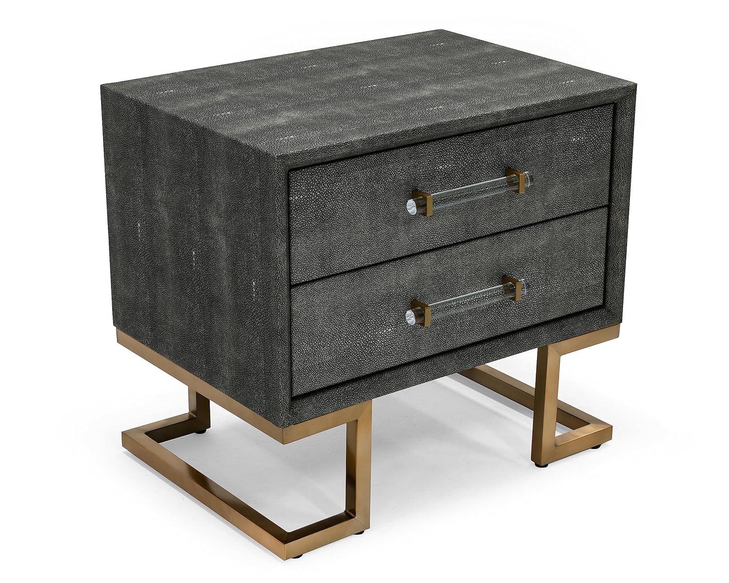 Rosard Collection Modern Bedroom Textured Leatherette Finished Nightstand with 2 Drawers, Grey, Gold