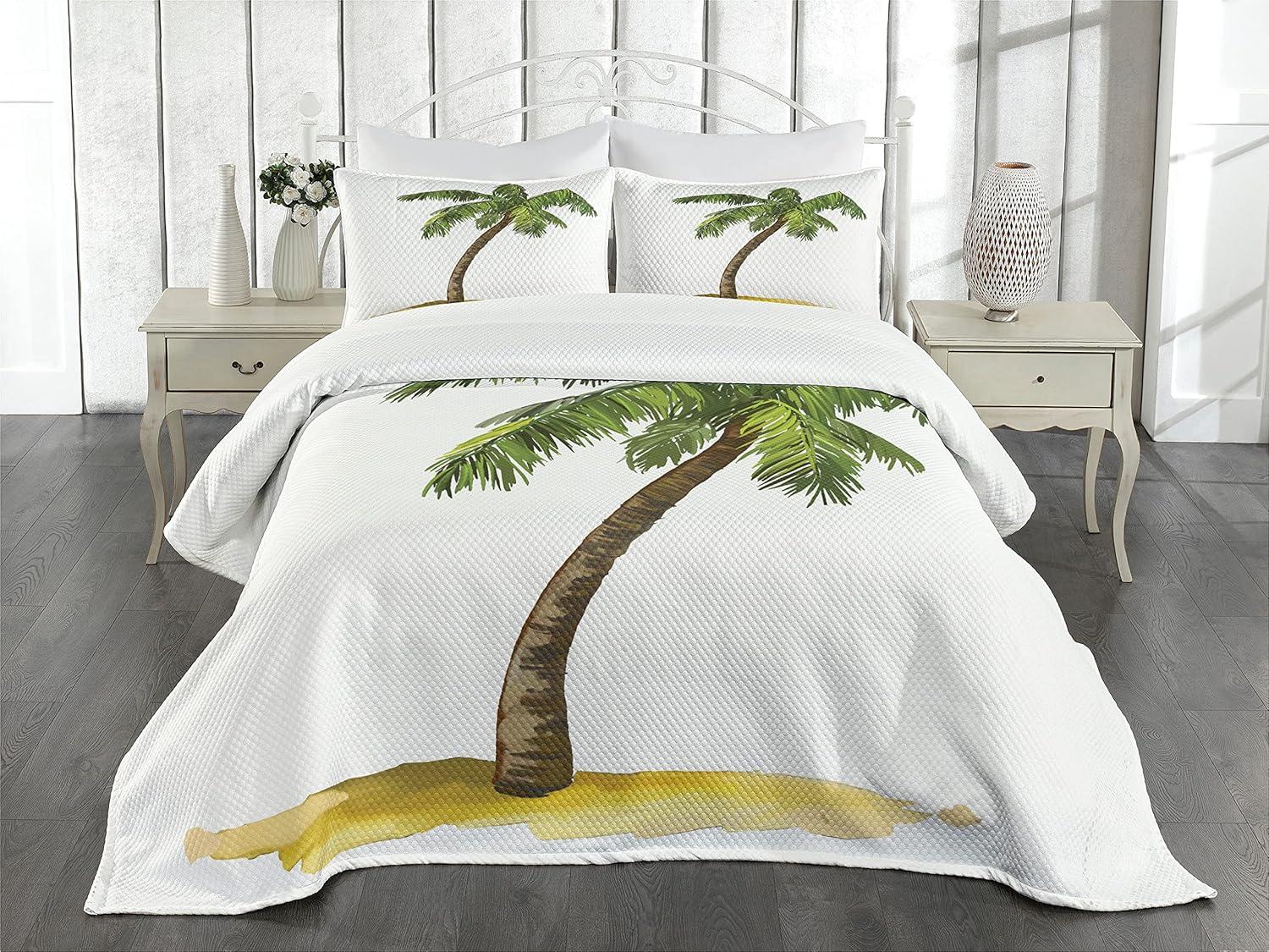 Ambesonne Tropical Bedspread Set Cartoon Palm Trees Green Brown