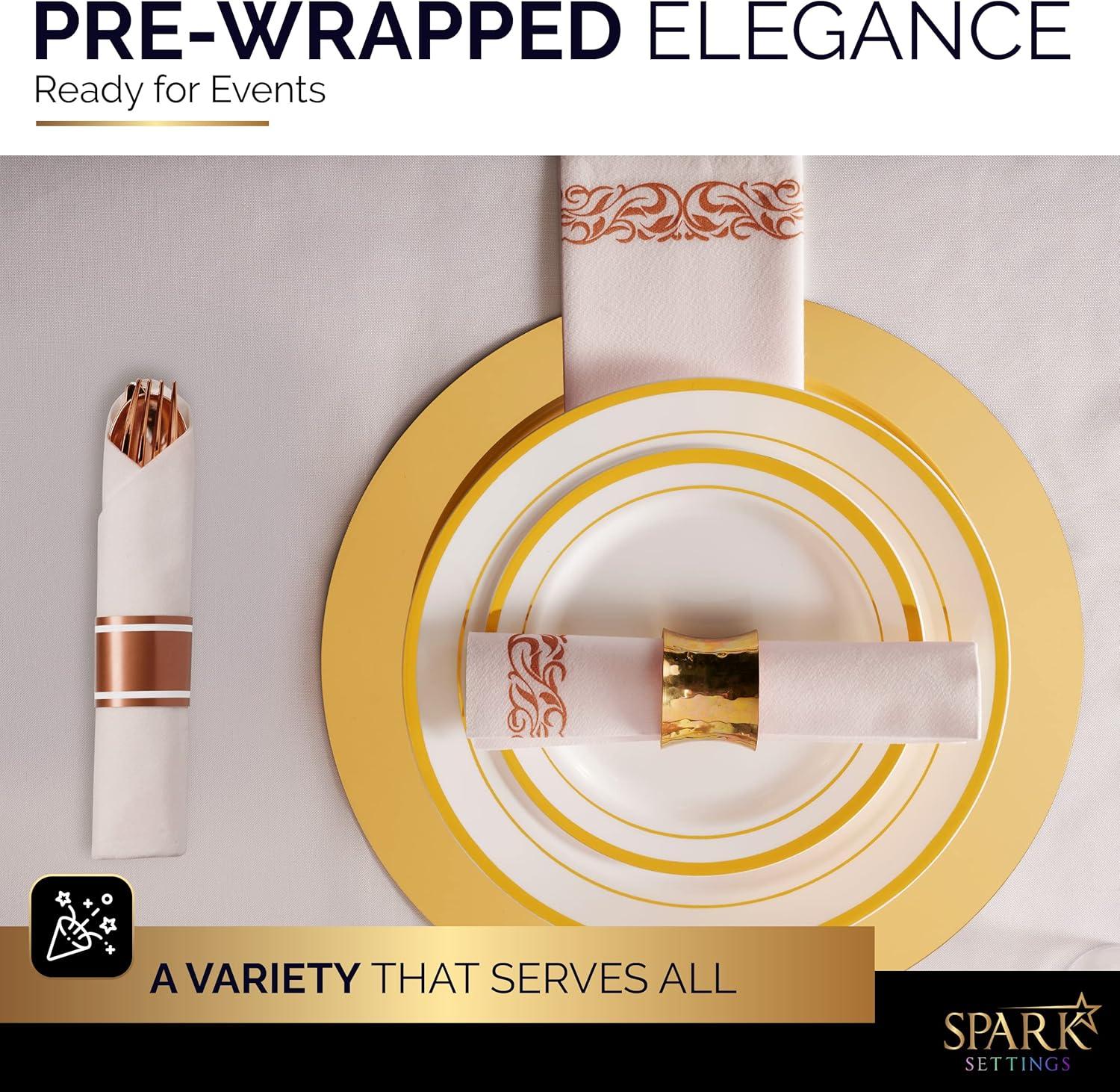 SparkSettings Rose Gold Plastic Silverware, 50 Pre Rolled Napkin and Cutlery Set